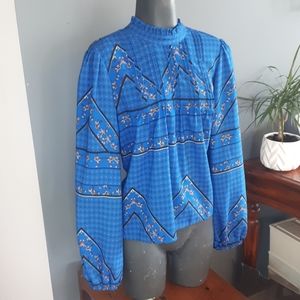 Blue Patterned Long Sleeve Blouse